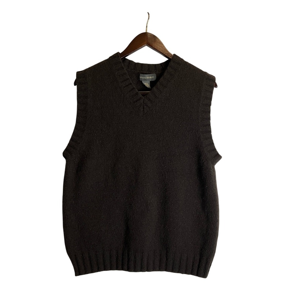 Banana Republic Lambs Wool Blend Vest V-Neck Black Preppy Minimalist Grandpacore